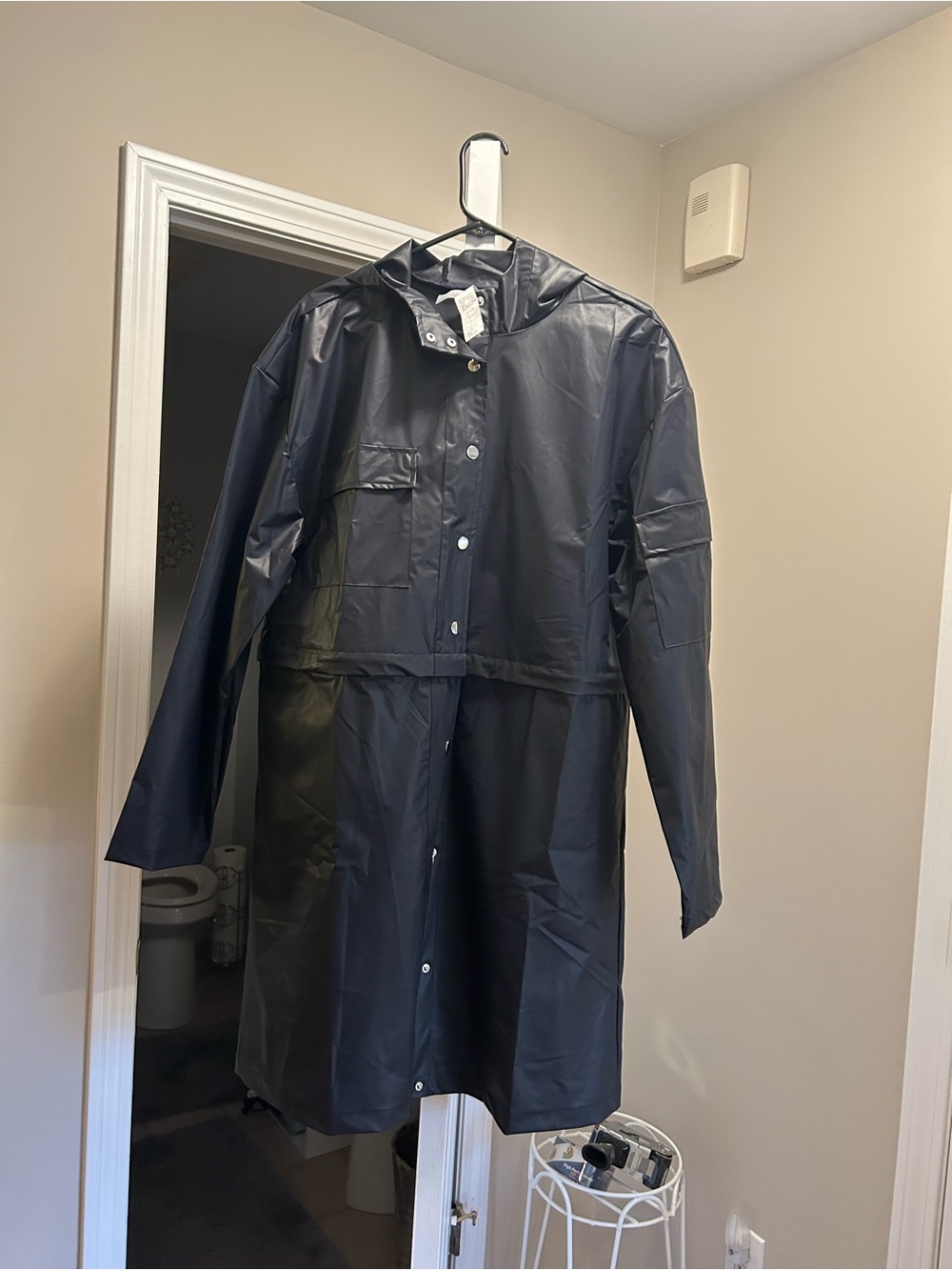Women’s Navy Waterproof Hooded Raincoat org. $150